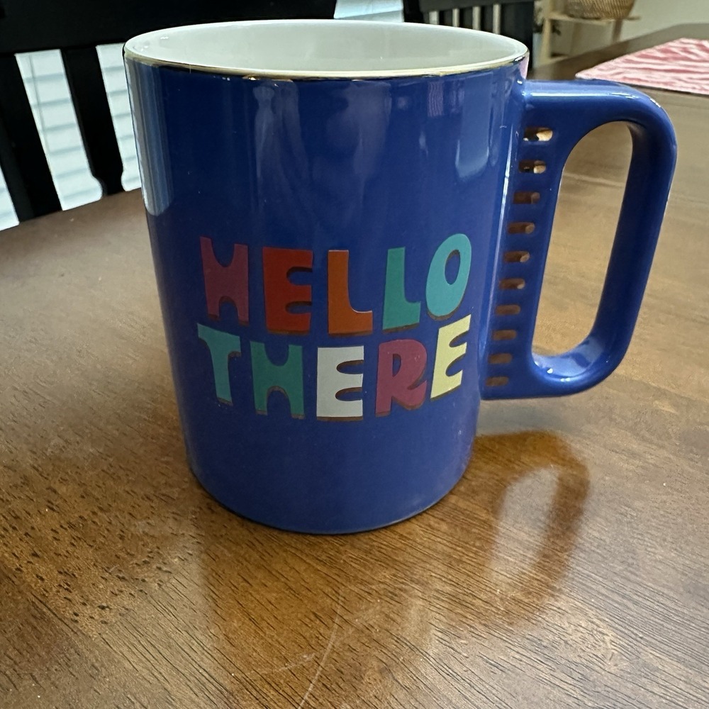 Tabitha Brown HELLO THERE‎ 16oz Stoneware Coffee Mug Cup Blue Gold Trim NEW